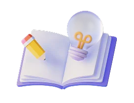 Ícone 3D de caderno aberto com lápis e lâmpada, representando o crédito pessoal para investir em cursos e formação profissional.
